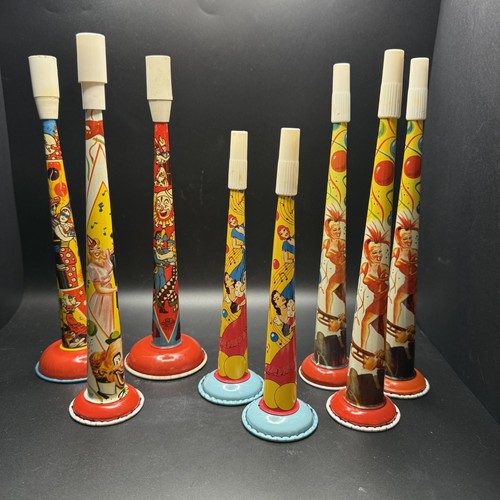 Vtg Metal Litho Party Horns LOT OF 8 Noisemakers US Metal Toy Co. 5 Designs