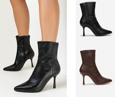 ladies women faux leather stiletto heel sock ankle boots pointed toe