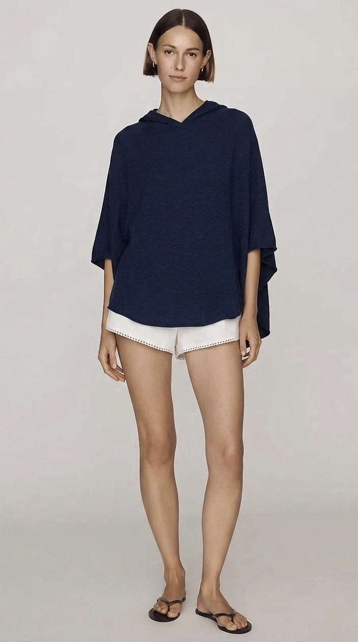 Joie Navy Hooded Batwing Lightweight Poncho Sweater Sz Medium/L Coastal Nautical