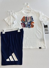 Adidas Boys 2 Piece White/Blue Outfit Size 7 Brand New   