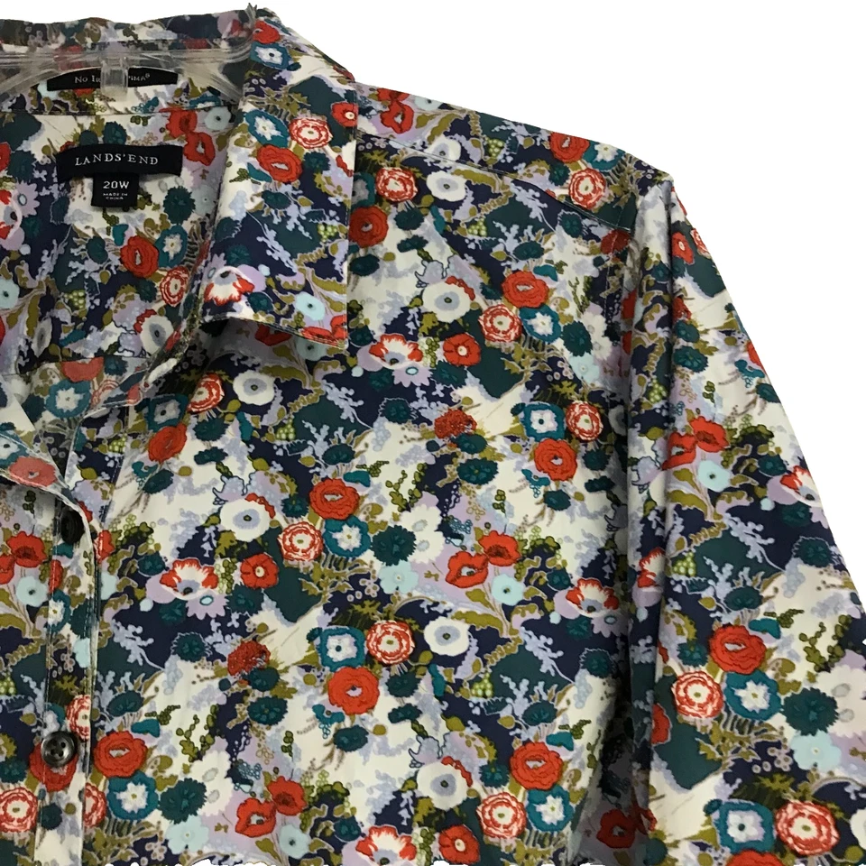 Camisa Lands' End Talla 20W 100% Algodón Rojo Floral Abotonada Cuello Sin Hierro Supima Foto 4 de 4
