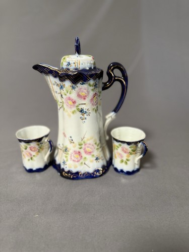 Vintage Japanese Style Chocolate Pot Set 3pc Hand Painted Floral As Is
