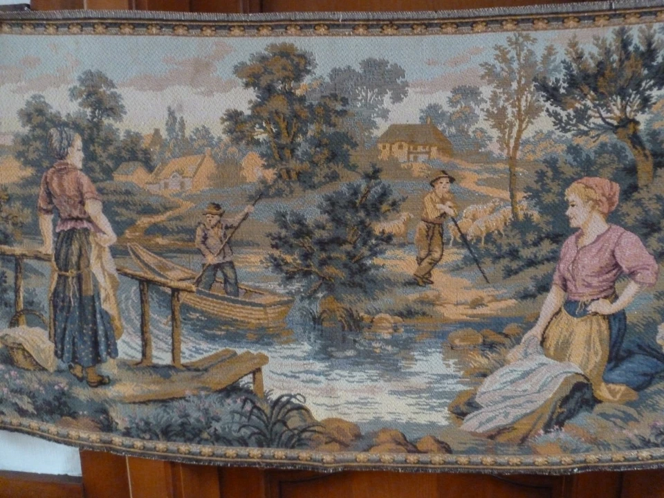 TAPISSERIE ANCIENNE MECANIQUE SCENE CAMPAGNARDE LAVANDIERES BERGER RIVIERE - Photo 4/4