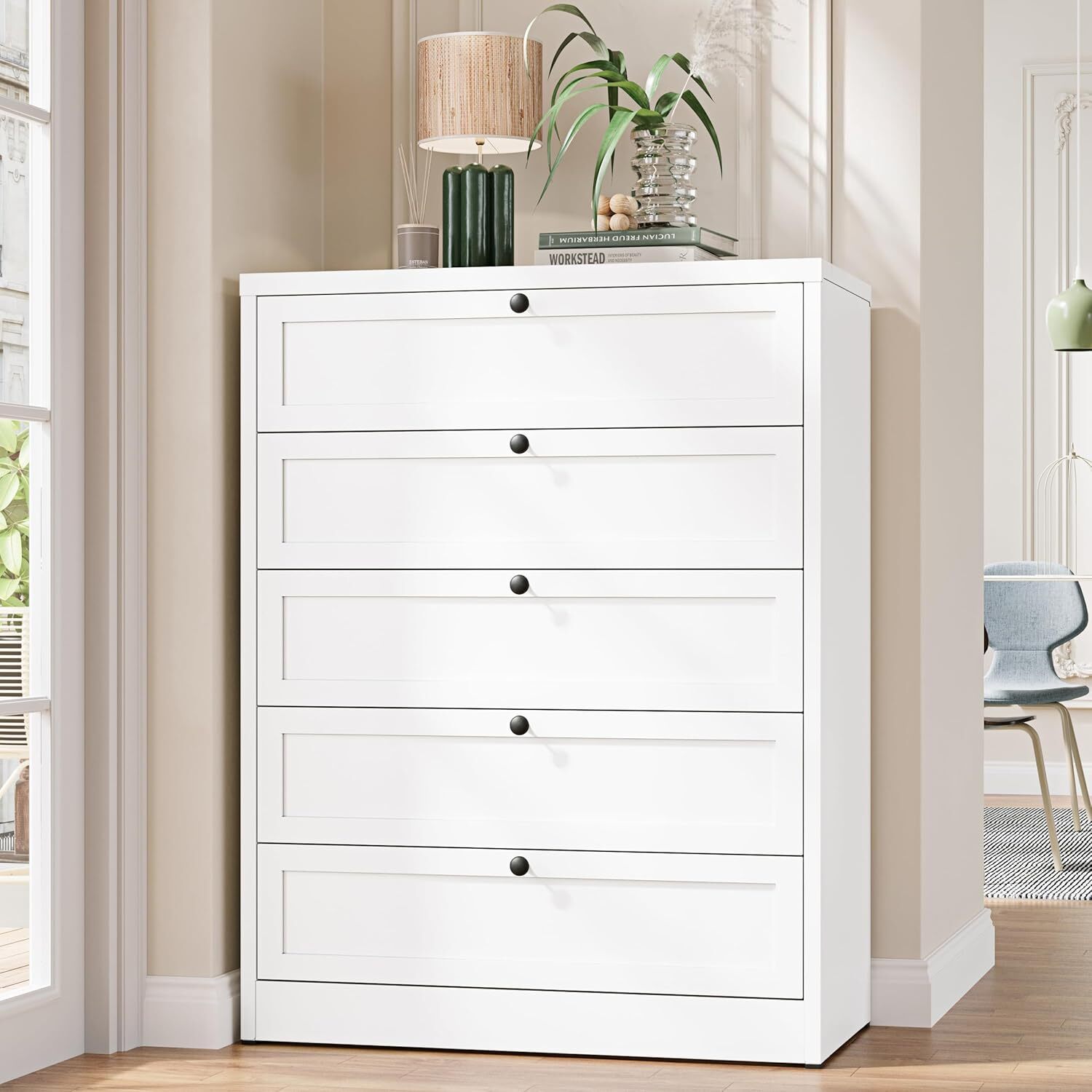 5-Drawer White Metal Dresser for Bedroom Storage & Closet Organization-image