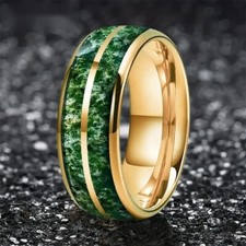 8MM Dome Double Groove Green Agate Stone Inlay Tungsten Carbide Ring Band