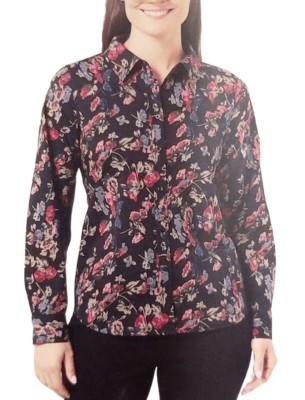 Chaps Small Easy Care Button Up No Iron Stretch Modal Black Floral Blouse
