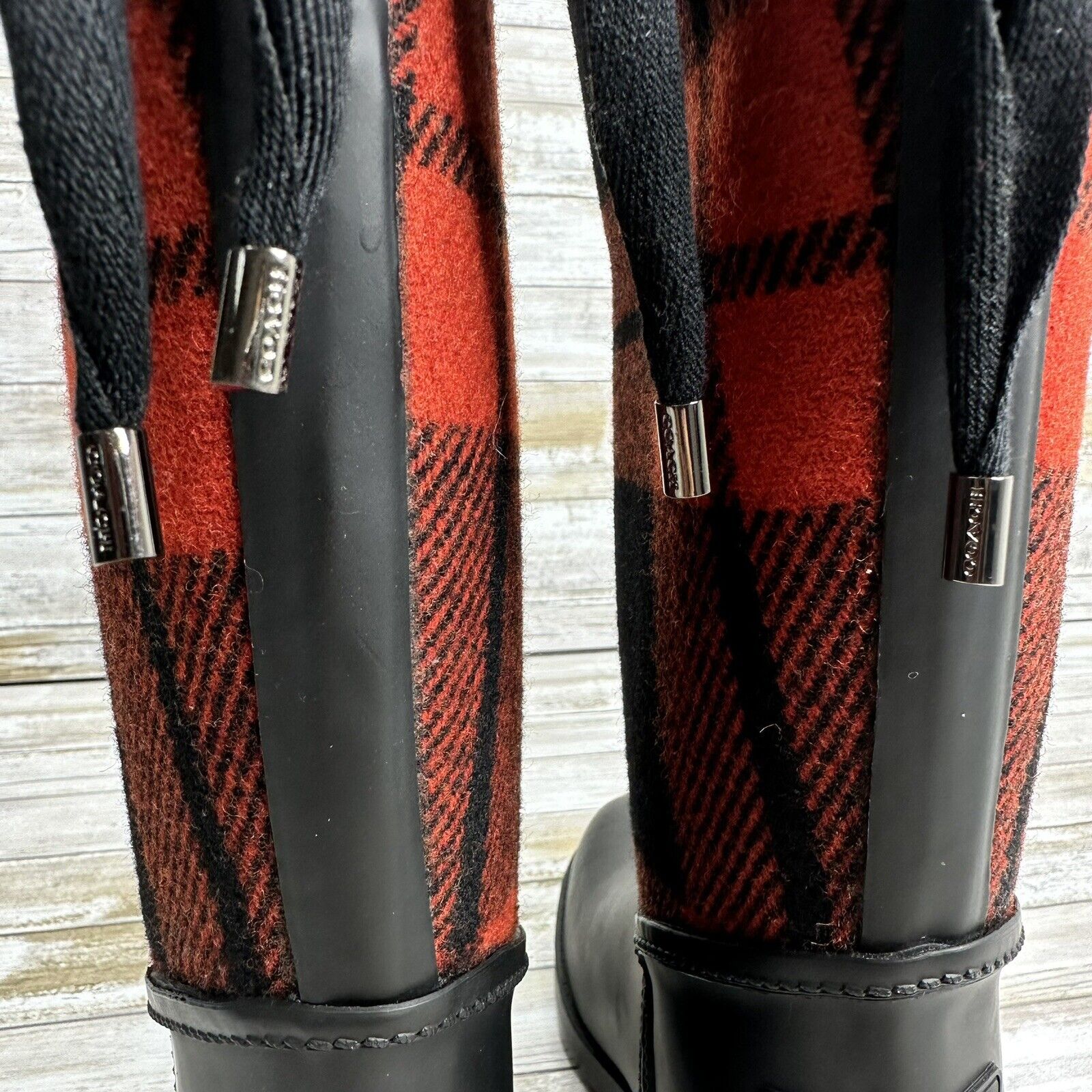 Coach Woman’s Tristee Rain Boots, Red/Black Buffalo Plaid Fleece-Lined ...