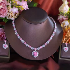 Women Lovely Pink Heart CZ Zirconia Dangle Silver Plated Bridal Prom Jewelry Set