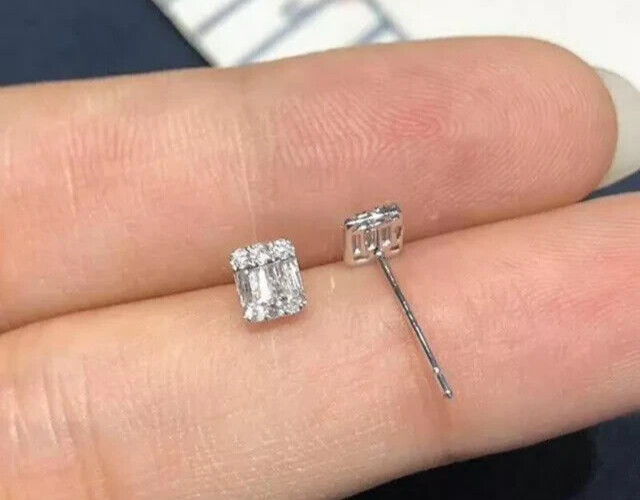 14K White Gold Plated 2Ct Baguette Cut Lab Created Diamond Stud Earring's