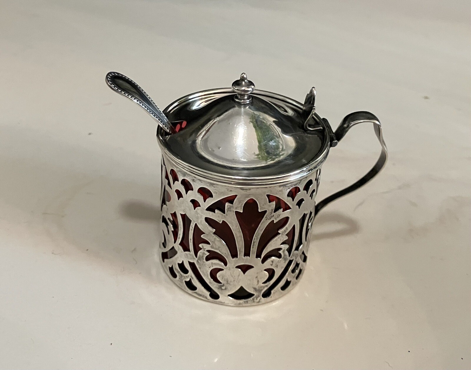 Antique Sterling Silver Cranberry Glass Mustard Pot W/Spoon Excellent