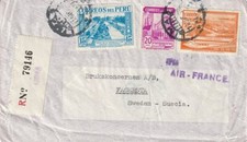 PERU: Registered airmail Lima cover to Sweden 1938. Air France.