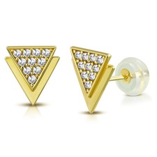 14K Yellow Gold Triangle White Clear CZ Small Girls Stud Earrings