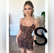 🆕Brown Wavy Print Mesh Cami Mini Dress~Size S