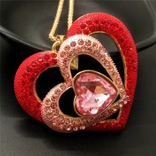 Fashion Women Pink Crystal Bling Three Hearts Love Pendant  Chain Necklace