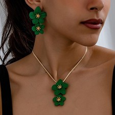 Women's Fashion Green Flower Pendant Necklace Earring Jewelry Set Gift Alloy