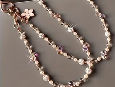 Beaded 44" Phone Lanyard, Gold, Crystal, Pearl, Beads Hand Strung w/Phone Insert