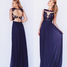 SHERRI HILL 5207 Navy Blue Lace Illusion Open Back Gown Size 6
