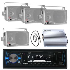 3.5" Silver Box Marine Speakers, PLMRB29B USB AUX Radio, Antenna, 400W Amplifier