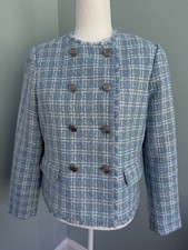 Ann Taylor Factory Blue  White plaid double breasted Tweed Jacket Medium Petite