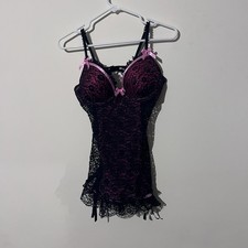 Victorias Secret Black Pink Lace Babydoll Lingerie With Satin Bows 36C 8107