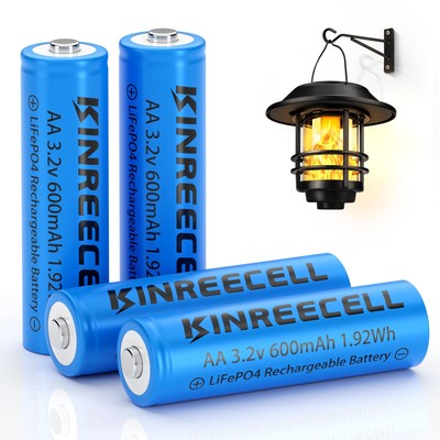 LiFePO4 AA Rechargeable Battery, AA 3.2v 600mah 1.92wh Solar Battery, 3.2v Re...