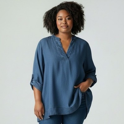 CALVIN KLEIN Denim Tunic Blouse Women 3X Lyocell Roll Tab Sleeve Boho Casual