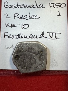 1750 Dated Spanish Guatemala 2 Reales Colonial Pirate Treasure Cob Holed 2R Coin