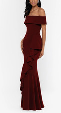 Betsy Adam 6P Carina Long Maroon Ruffle Off the Shoulder Formal Ballgown NEW