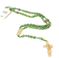 Beautiful Green And Gold Sparkly Crystal Rosary Prayer Beads New