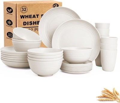Plates and Bowls Sets for 8, Unbreakable & Lightweight Wheat Straw Dinnerware Se