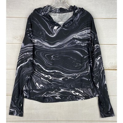 Evolution and Creation Top Womens M Black White Swirl Long Sleeve Hooded Active