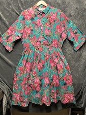 VTG 80s American Shirt Dress 15/16 A-Line Shoulder Pad Floral Midi Modest Garden