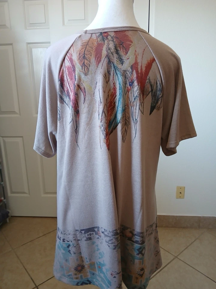 Blusa túnica Liberty Wear para mujer estrás marrón azteca manga corta 2X-L boho Foto 3 de 4