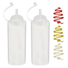 2 Squeeze Bottle Squirt Condiment Ketchup Oils Measurements Wide Mouth Caps 28oz