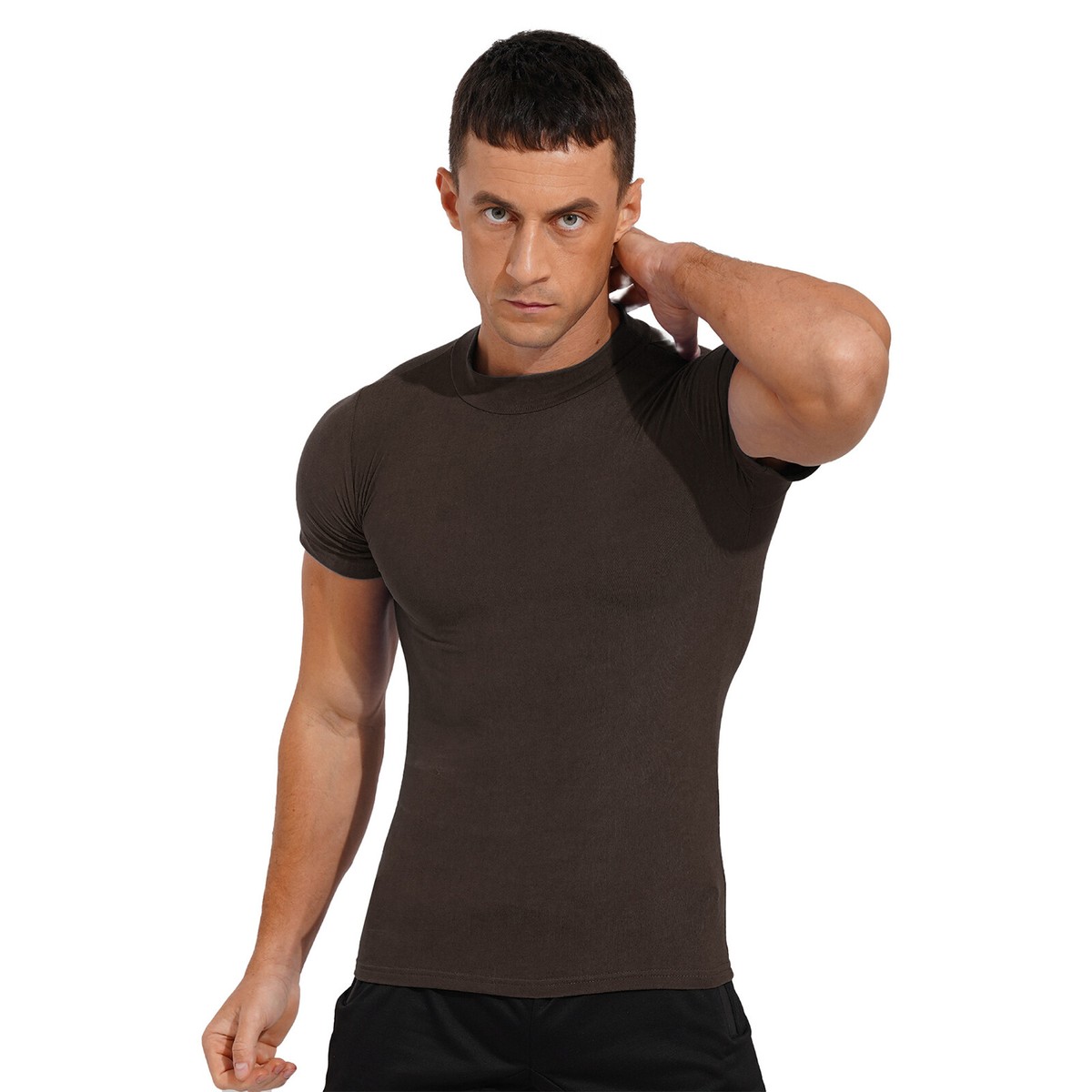 Mens Solid Color T-shirt Fashion Mock Neck Short Sleeve Casual