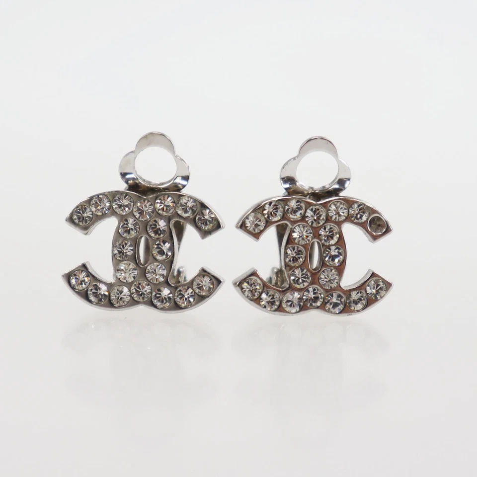 CHANEL CC Logos Used Earrings Silver Rhinestones Clip-On 05V Vintage #CK780 S - Image 2 of 4