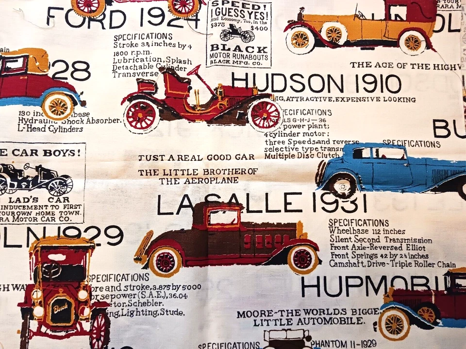 Vtg Cotton Canvas Fabric w Antique Cars Automobiles 6 Panels 44x36" LaSalle Huds - Image 2 of 4