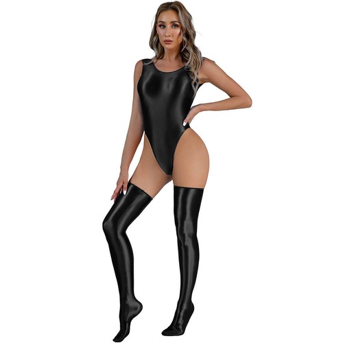 Women Shiny Glossy Leotard Lingerie High Cut Bodysuit Stretch Stockings Swimwear - Picture 2 of 20