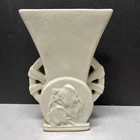 Mccoy Vintage Glossy White  Double Handle Wagon Wheel Hanging Tulips Vase
