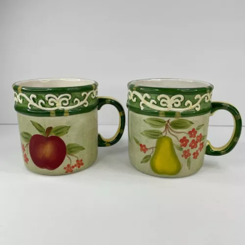 WMG Pottery Vintage Set of 2 Ceramic Coffee Mugs Fruit Apple Pear Green