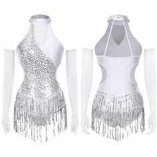 Womens Jumpsuit Stage Outfits Tassel Dress Performance Gloves Costume Latin