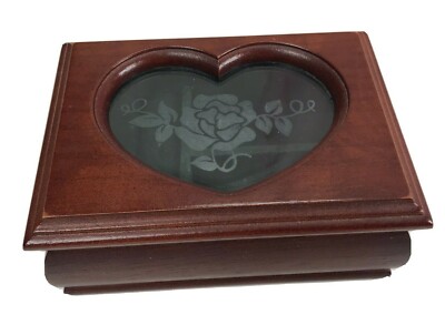 Vtg Small Wooden Jewelry Box Cherry Walnut Heart Flower Rose