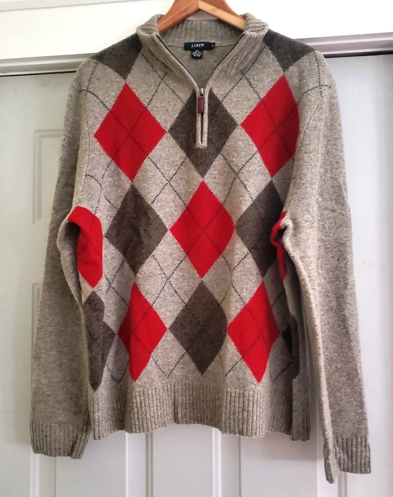 J. Crew Quarter Zip 100% Lambswool Sweater – Light Gray Argyle – Size XL