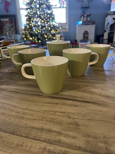 Set of 5 Mikasa Cera-Stone Green/White Coffee Tea Cups And 1 Sugar Bowl - Japan