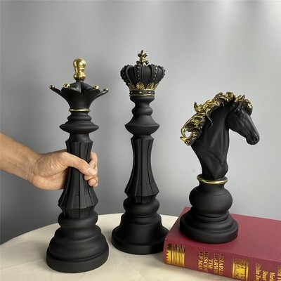 3pc Chess Pieces Sculpture Chessmen Ornament Figurine Home Decor Black/White