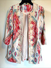 Chico  s Linen Ikat Embroidered Open Front Jacket Cardigan Size 0 Small Boho