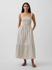 Women’s GAP Poplin Maxi Dress – Smocked Waist, Ivory Beige Stripe, Long Dress