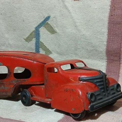 Marx Vintage Tin Red Auto Transport Toy Truck & Trailer for Ages 8-11 Years