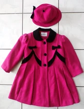 VTG Rothschild Coat Hat Wool Winter Girls 5 Pink Black Velvet Trim H545