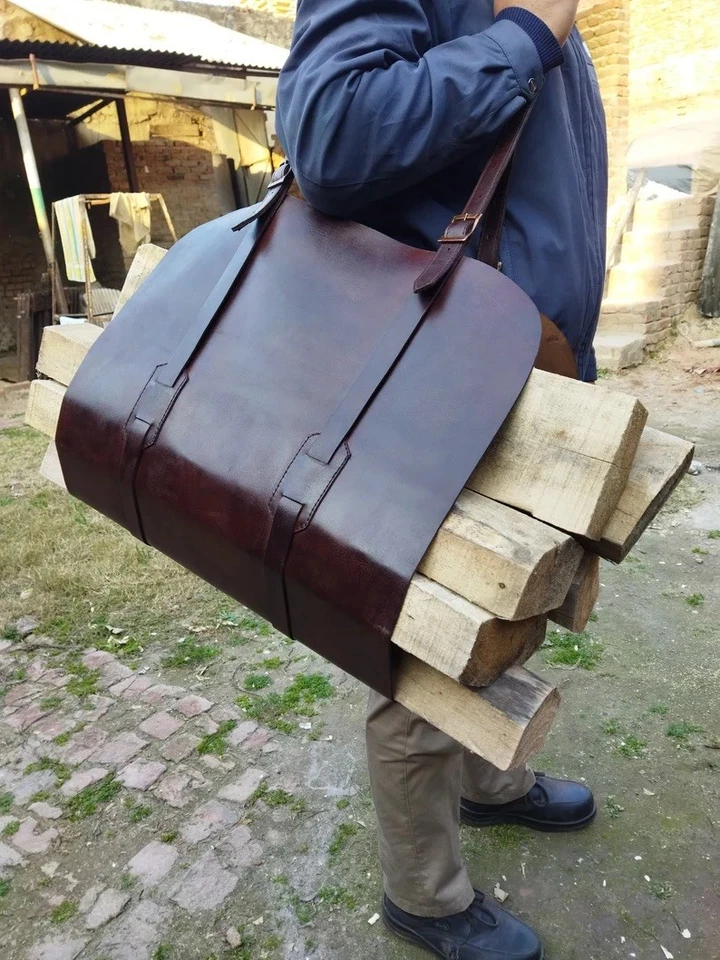 Portador de troncos de cuero, portador de leña, accesorio de chimenea de cuero, hecho a mano Foto 4 de 4